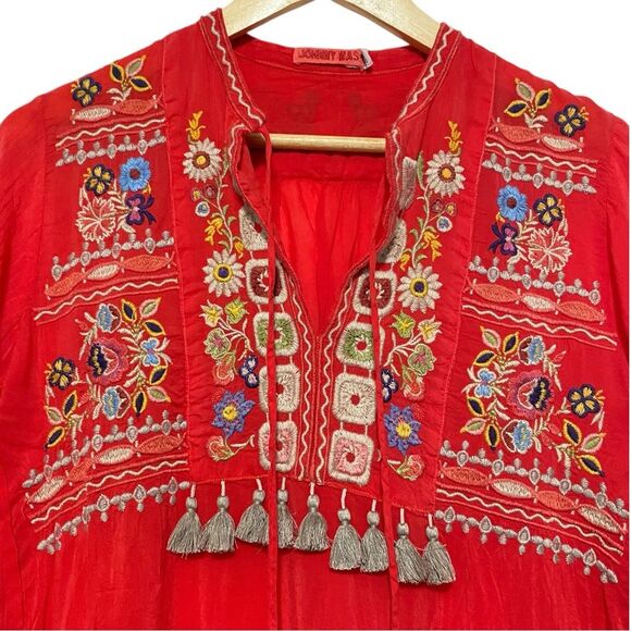 Johnny Was Red Coriander Tasseled Embroidered Blouse Boho Chic C17123 Size XXS - Picture 10 of 15